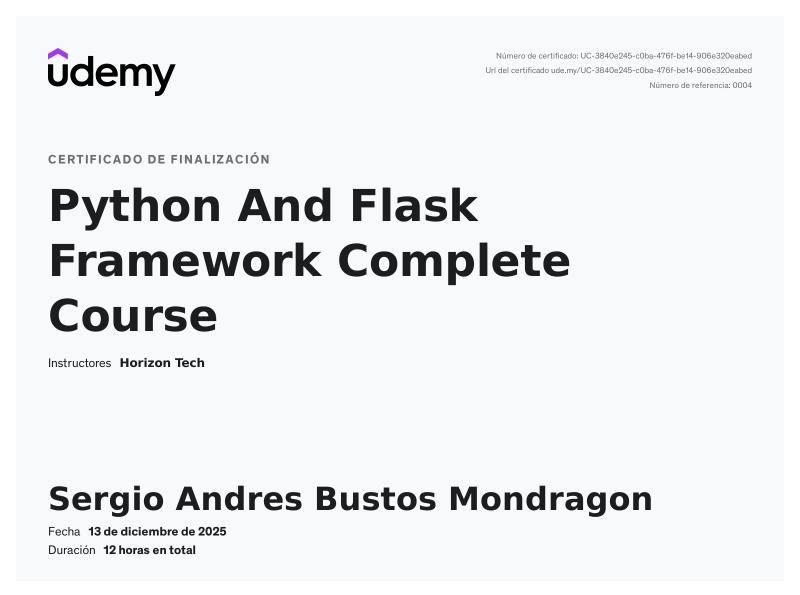Certificado Python and Flask Framework Complete Course